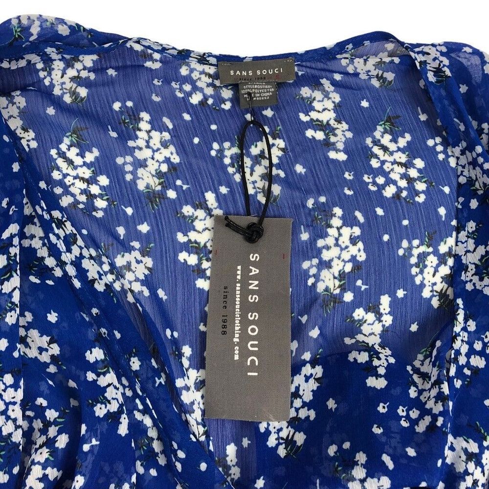 NWT Sans Souci Wrap Top Size S Sheer Floral Print Blouse V-Neck Boho Beachy Blue - Picture 6 of 7